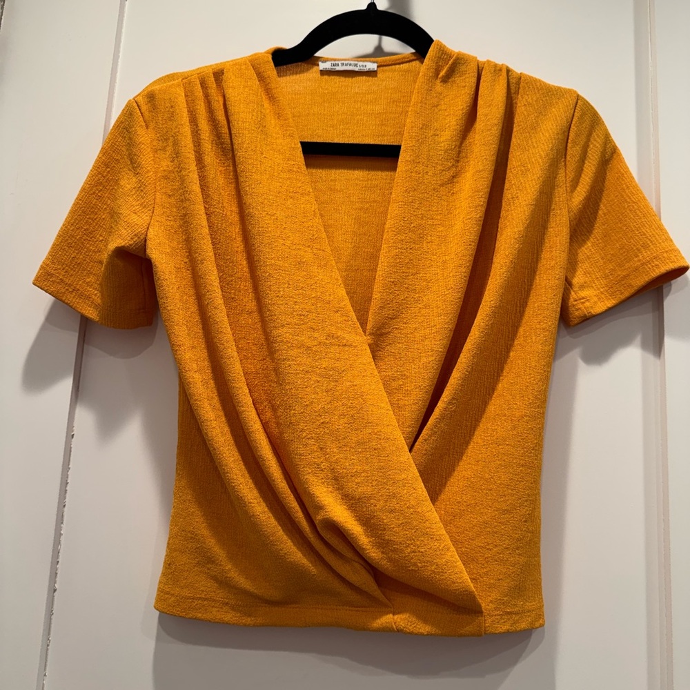 Zara Orange Draped Wrap Top Short Sleeve V Neck Statement Blouse Size S